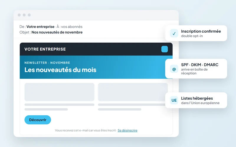 Exemple de newsletter d’entreprise : inscription confirmée, e-mails authentifiés et listes hébergées dans l’UE
